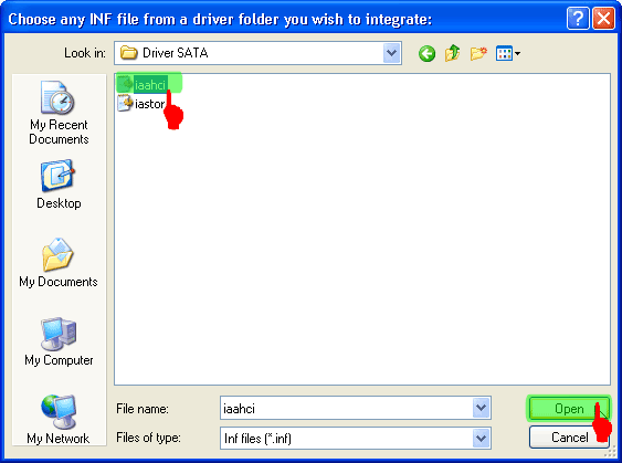 Browse dan temukan folder tempat tadi Anda menyimpan driver SATA (saya beri nama “Driver SATA”) dan pilih salah satu file dengan ekstensi .INF.