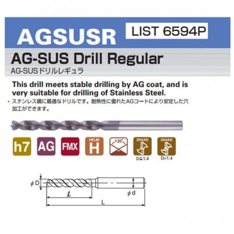 Nachi AGSUSR0446 Dia: 4.46mm AG-SUS Drills Regular L6594P