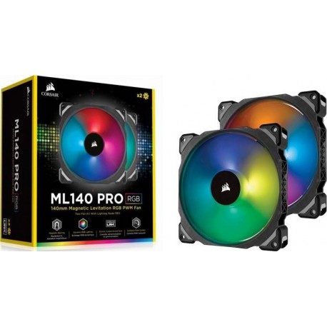  Corsair CO-9050078-WW ML140 PRO RGB LED 140MM PWM Premium Magnetic Levitation Fan -Twin Fan Pack with Lighting Node PRO