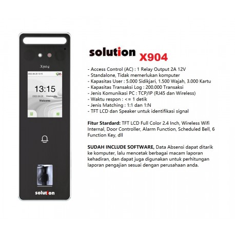 Solution X904 Mesin Absensi Wajah Kartu RFID WiFi Access Control